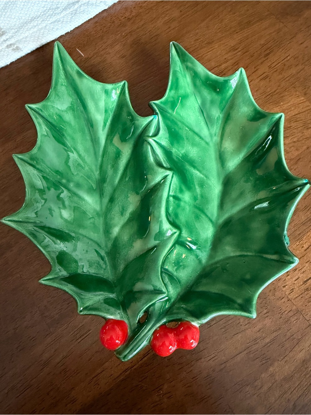 Holiday Green Holly Leaf Serving Dish with Red Berries